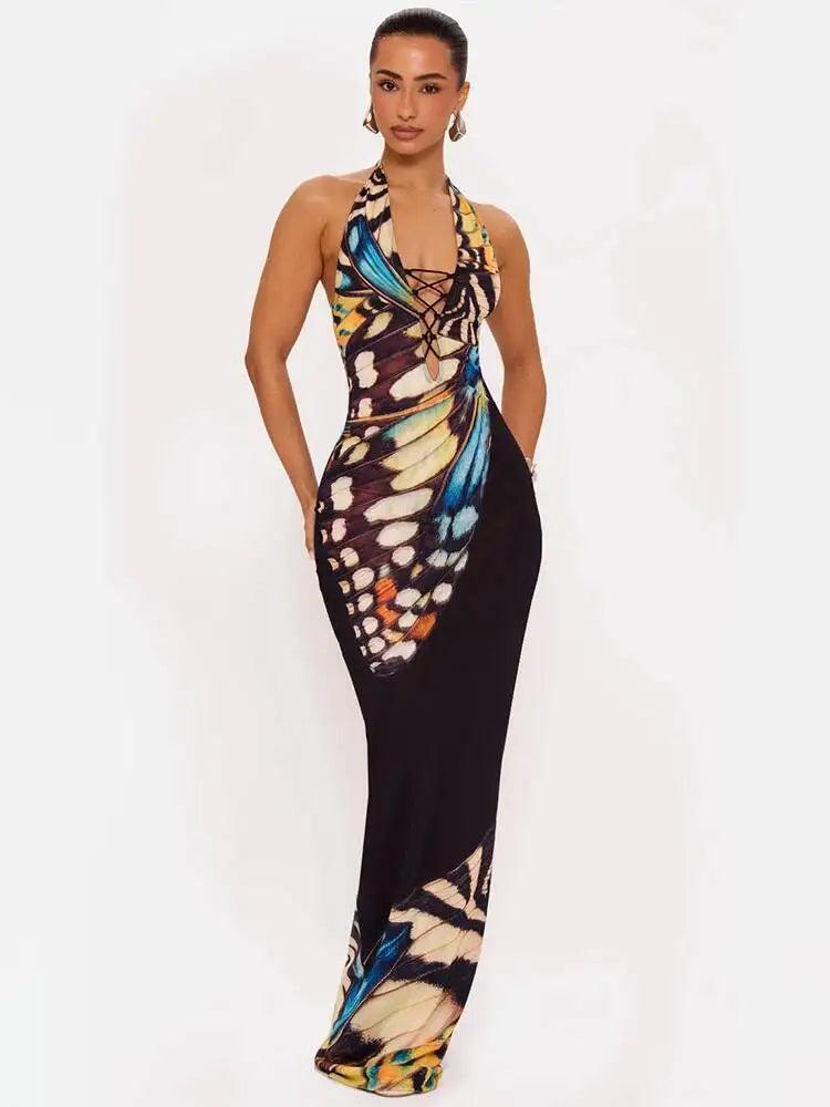 maxi dress with butterflies Butterfly Print Halter for Women Maroon Jersey Cowl Neck Cozy fall fashion have for anyone looking Color:Olympic Plaid