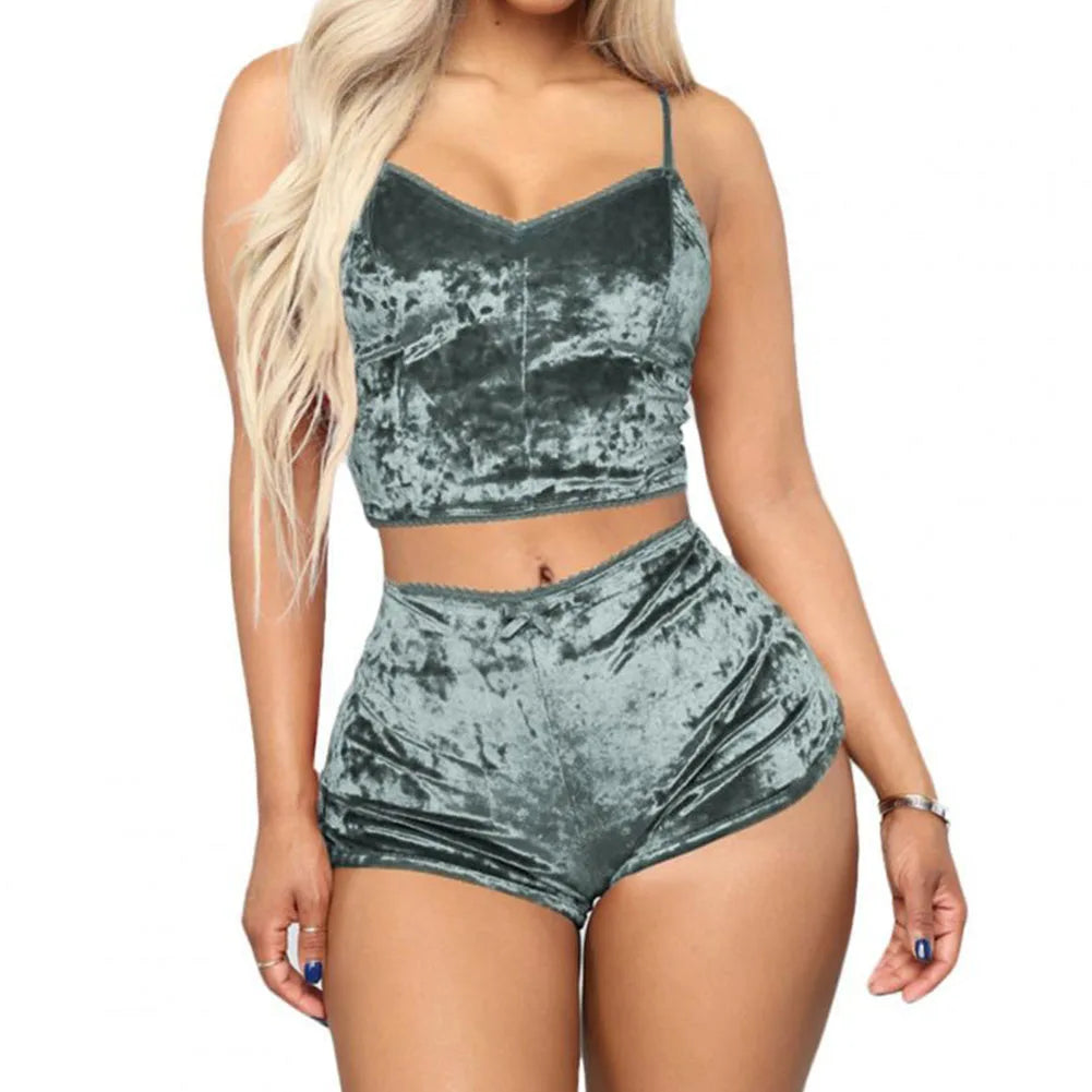 Women’s Velvet Cami & Shorts Pajama Set – 2-Piece V-Neck Sleepwear