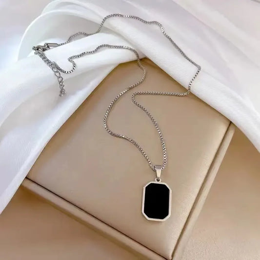 Korean-Inspired Black Geometric Pendant Necklace with Gold Chain for Women - Elegant Fashion Jewelry for Parties and Gifts