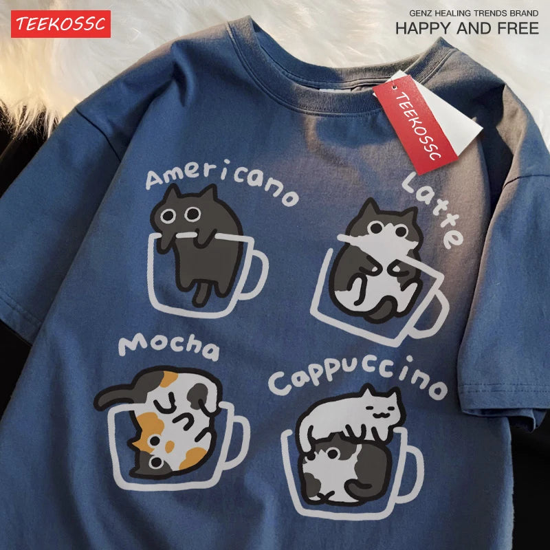 Mocha Cat Graphic Cotton T-Shirt – Unisex Summer Tee