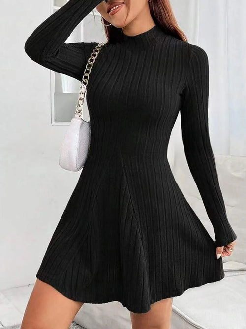 Elegant High-Neck Slim A-Line Mini Dress – Long Sleeve