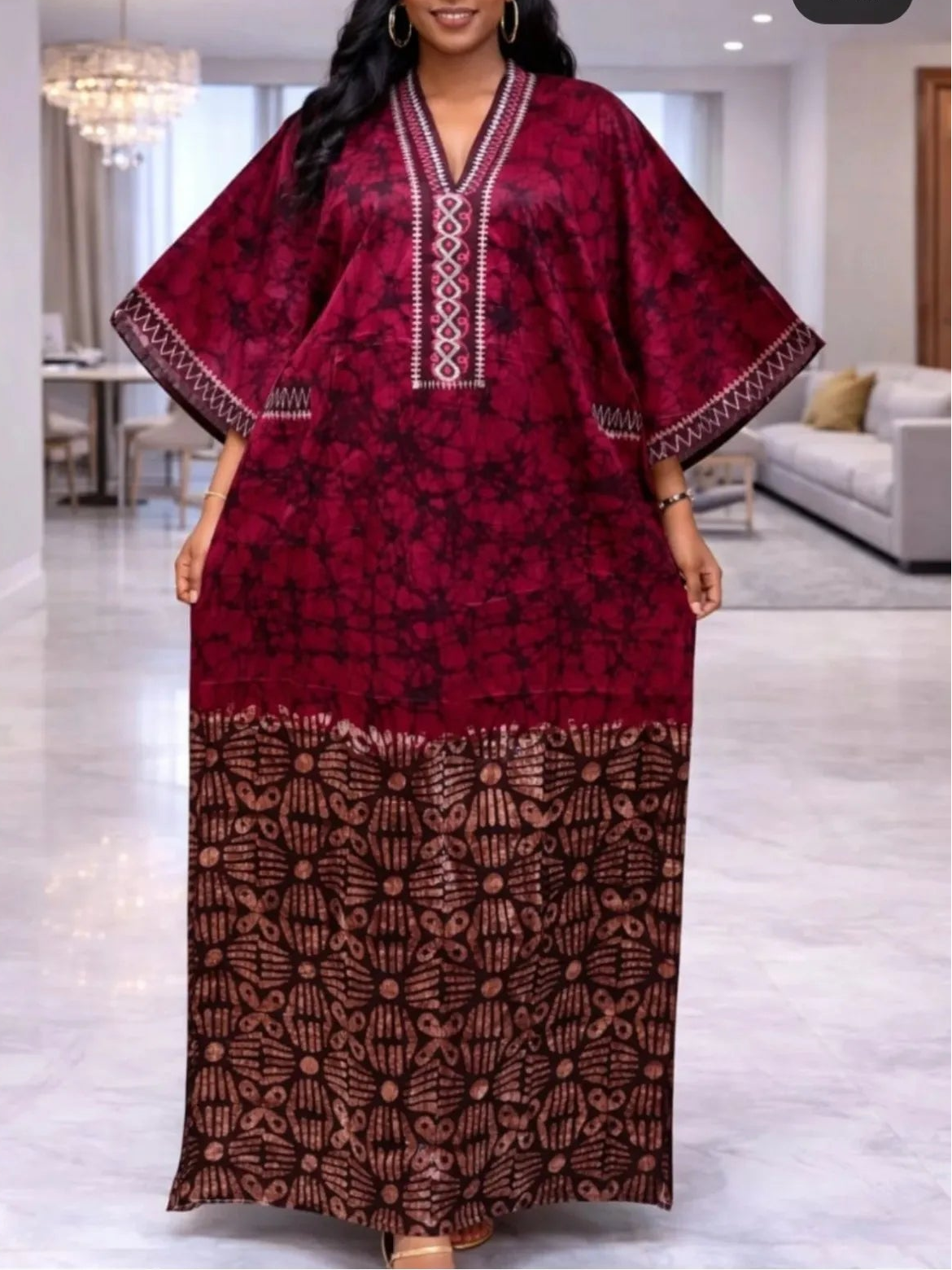 Women’s African Print Kaftan Maxi Dress – Loose V-Neck Gown