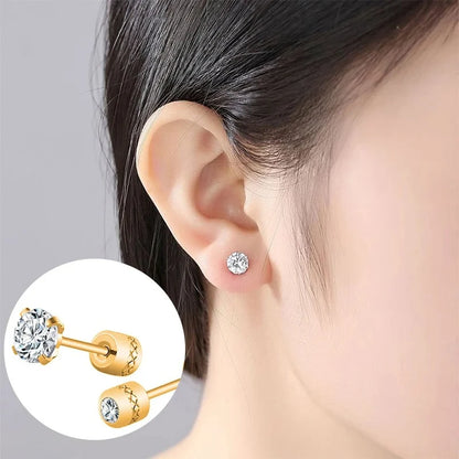Crystal Zircon Stud Earrings - Stainless Steel Screw Back | Gold & Silver | 2mm-8mm
