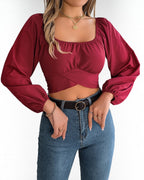 Square Neck Ruched Chiffon Crop Top