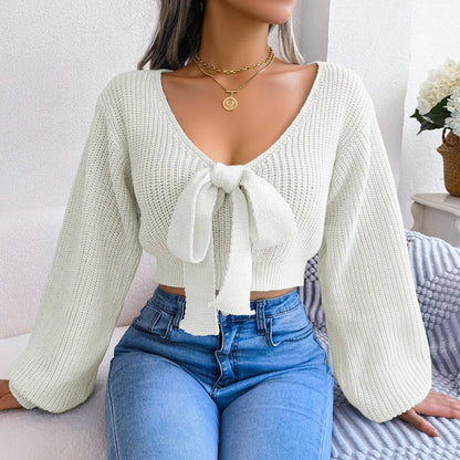 Women’s V-Neck Tie-Front Knit Sweater Top – Lantern Sleeves