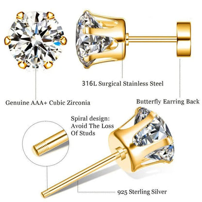 ZUPHAR CZ Stud Earrings – Hypoallergenic Stainless Steel 6-Prong Screw Back (3–8mm)