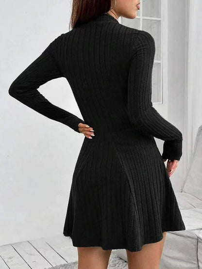 Elegant High-Neck Slim A-Line Mini Dress – Long Sleeve