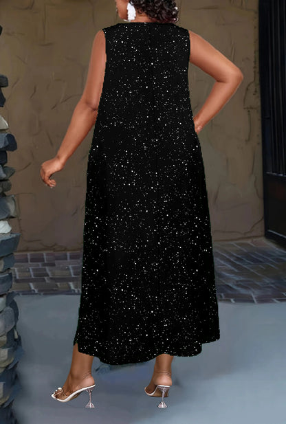 Women’s Plus Size Black Speckled Maxi Dress – Sleeveless Loose Fit Stretch Dress