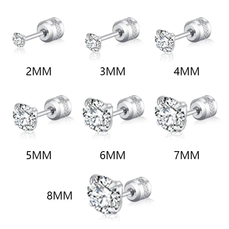 Crystal Zircon Stud Earrings - Stainless Steel Screw Back | Gold & Silver | 2mm-8mm