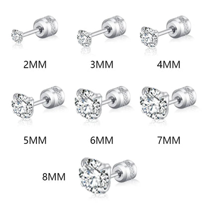 Crystal Zircon Stud Earrings - Stainless Steel Screw Back | Gold & Silver | 2mm-8mm