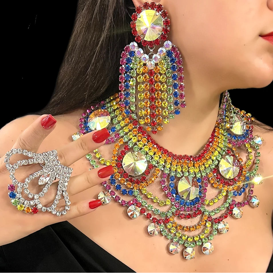 ZUPHAR™ colorful crystal rhinestone jewelry set – necklace earrings and ring for women