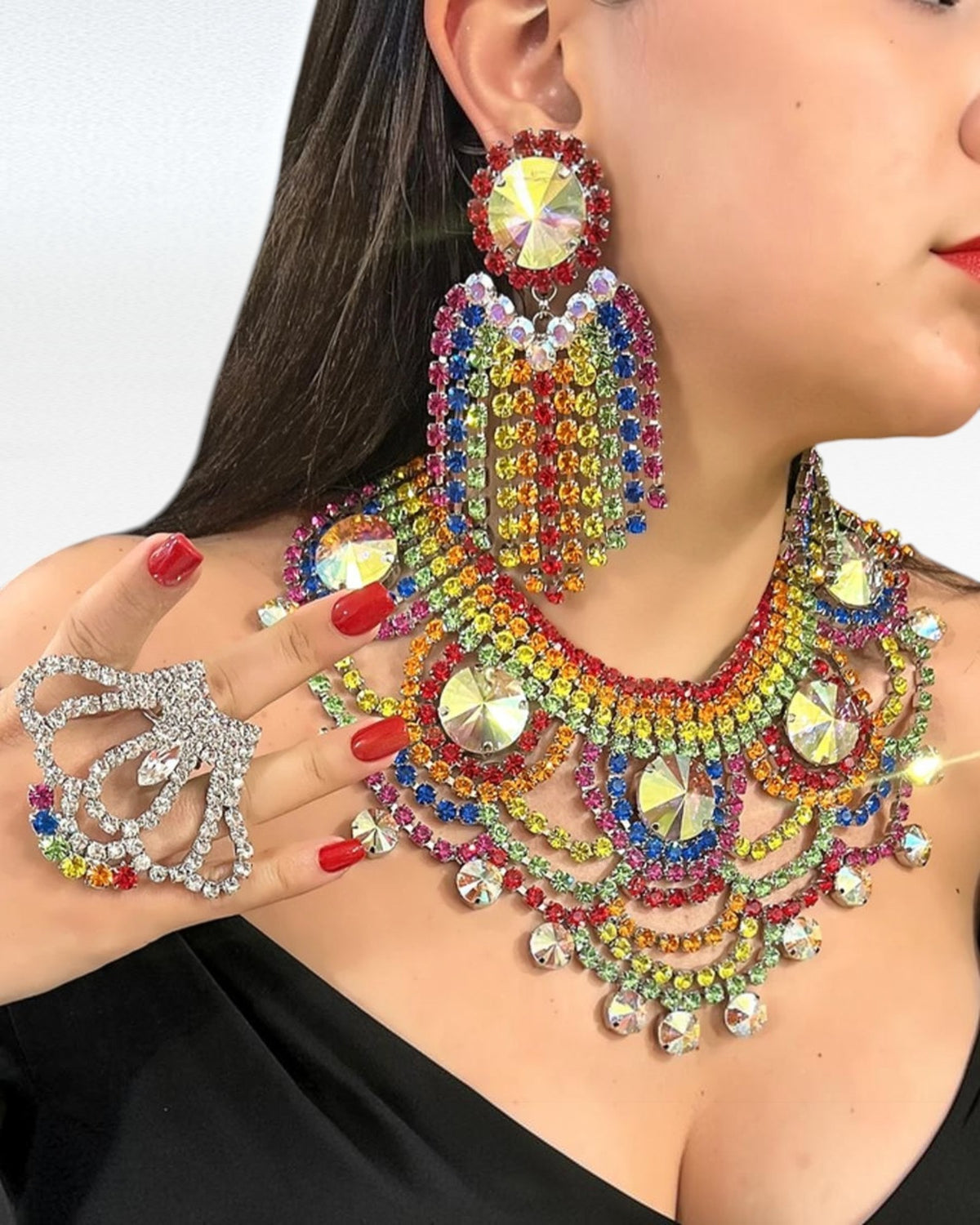 ZUPHAR™ Colorful Crystal Rhinestone Jewelry Set – Necklace, Earrings & Ring for Women