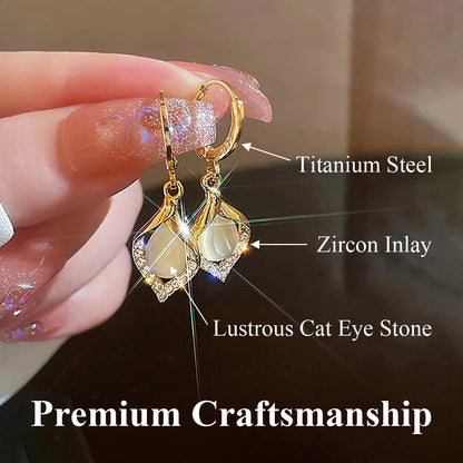 ZUPHAR | Angel Eyes Cat Eye Stone Drop Earrings – Titanium Steel, Waterproof & Gold Plated