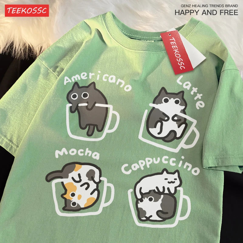 Mocha Cat Graphic Cotton T-Shirt – Unisex Summer Tee