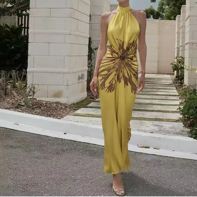Printed Halter Backless Maxi Dress