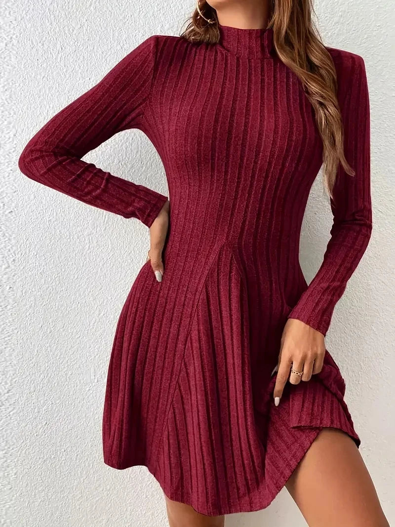 Elegant High-Neck Slim A-Line Mini Dress – Long Sleeve