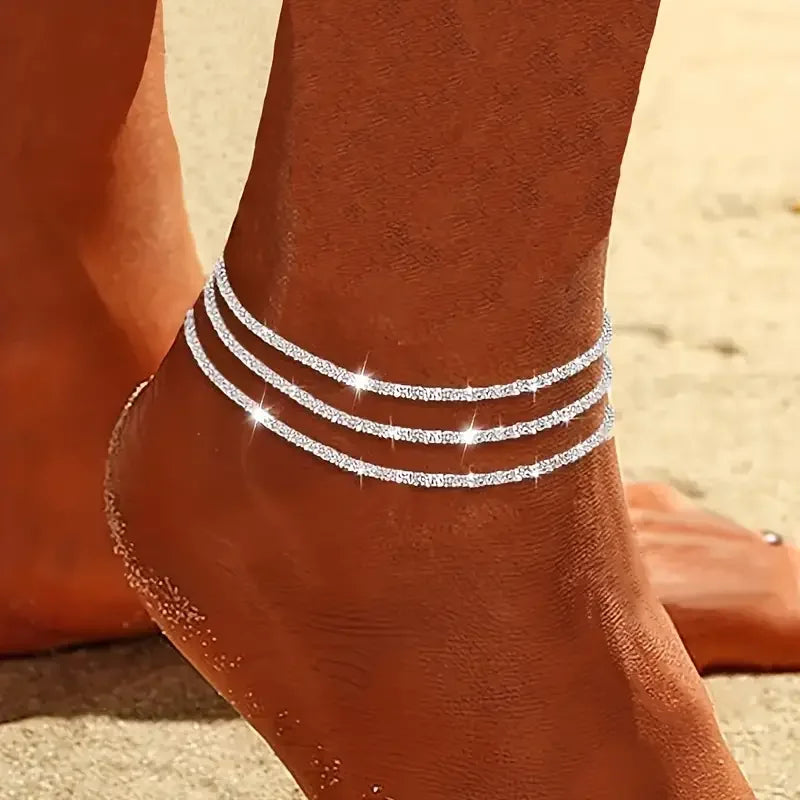 ZUPHAR Sparkling Anklet Set | 3-Piece Zircon Heart & Multilayer Chain