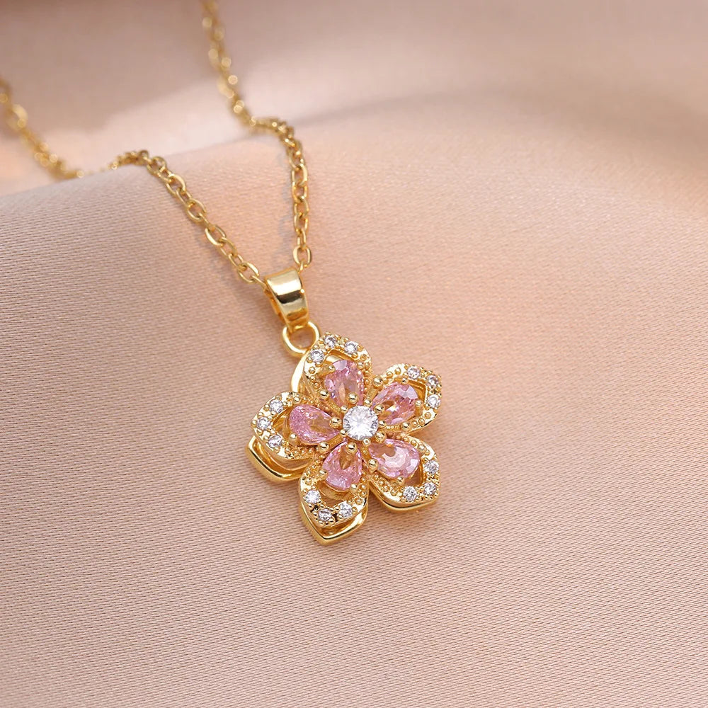 Red Rose Pendant Necklace – Stainless Steel Gold-Tone Floral Jewelry