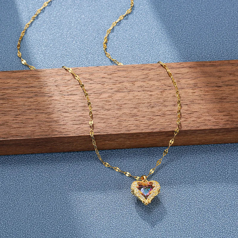 ZUPHAR Crystal Heart Pendant Necklace – 18K Gold Stainless Steel