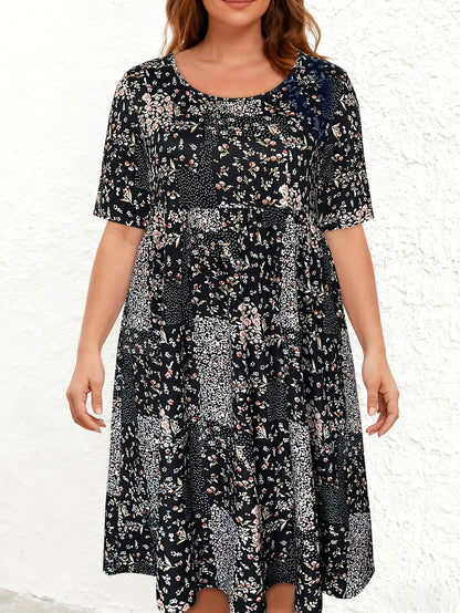 ZUPHAR™ Elegant Plus Size Floral Dress with Pockets