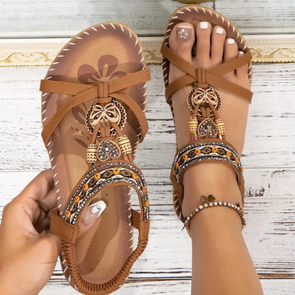 Women's Bohemian Flat Sandals – Beaded Open Toe Summer Shoes