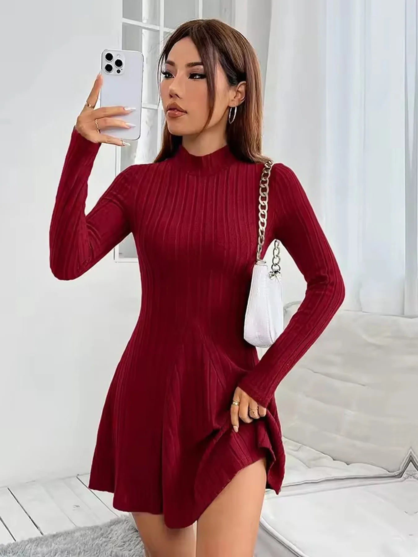 Elegant High-Neck Slim A-Line Mini Dress – Long Sleeve
