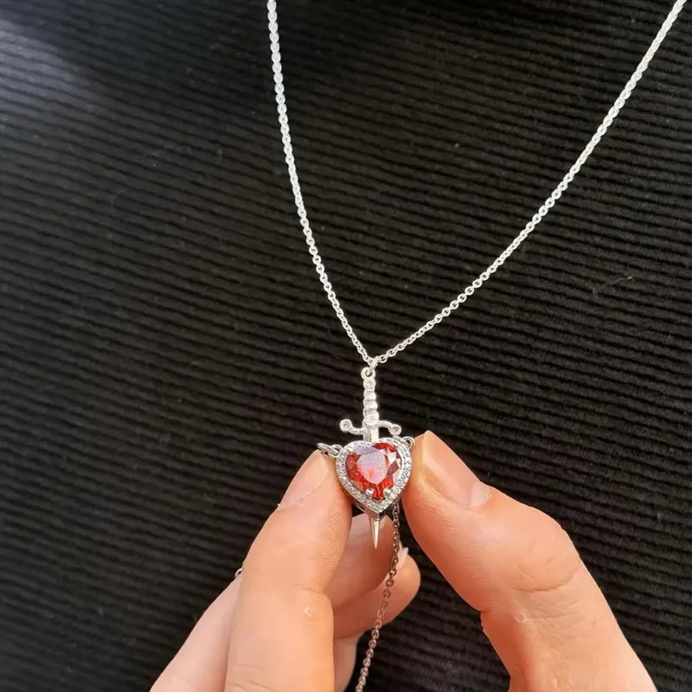 Heart & Sword Couple Necklace — Zirconia Pendant | Romantic Valentine's Gift