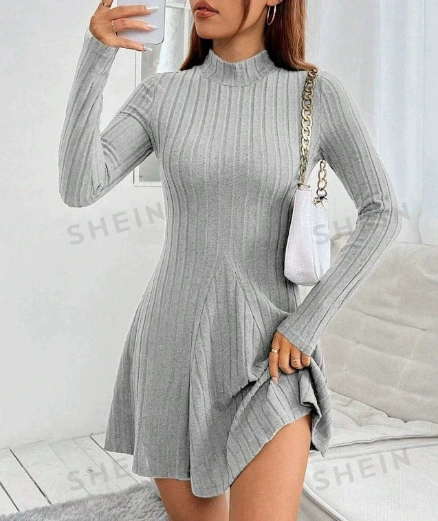 Elegant High-Neck Slim A-Line Mini Dress – Long Sleeve