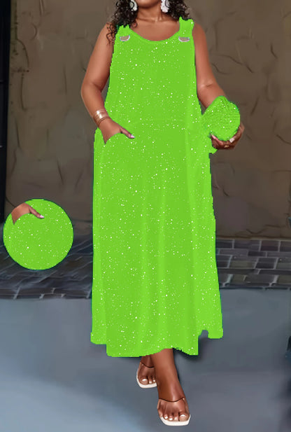 Women’s Plus Size Black Speckled Maxi Dress – Sleeveless Loose Fit Stretch Dress