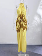 Printed Halter Backless Maxi Dress