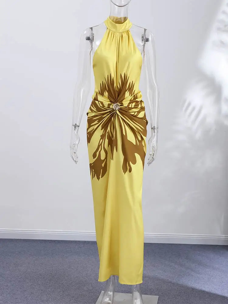 Printed Halter Backless Maxi Dress