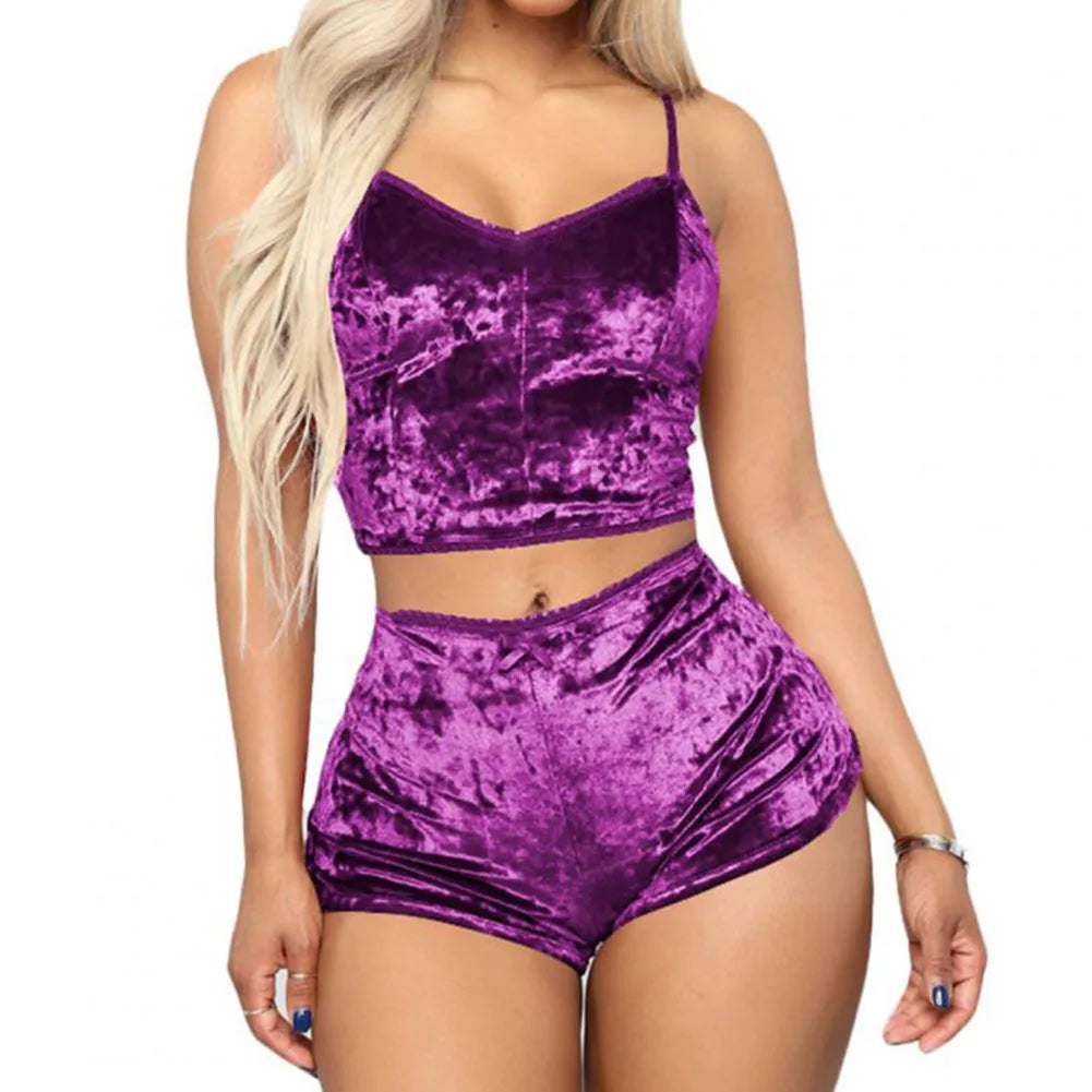 Women’s Velvet Cami & Shorts Pajama Set – 2-Piece V-Neck Sleepwear
