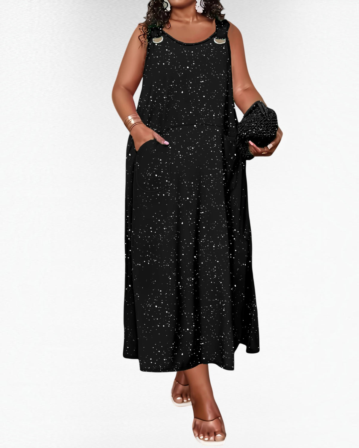 Women’s Plus Size Black Speckled Maxi Dress – Sleeveless Loose Fit Stretch Dress