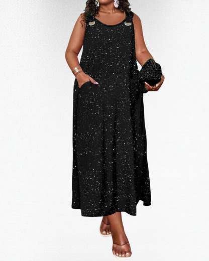 Women’s Plus Size Black Speckled Maxi Dress – Sleeveless Loose Fit Stretch Dress