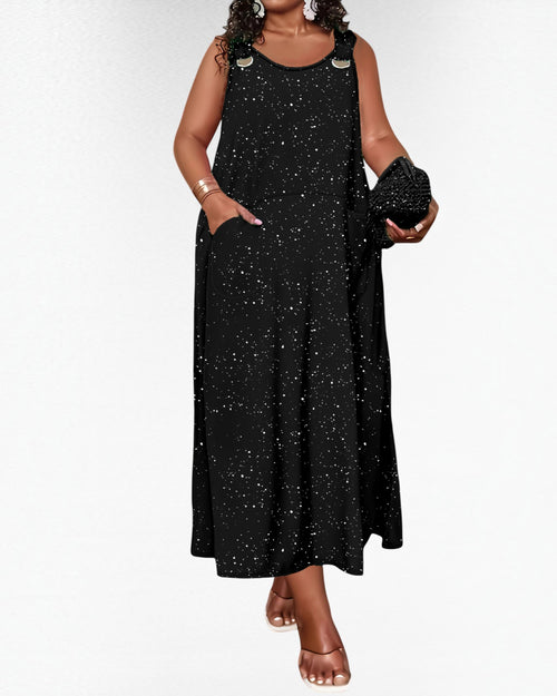 Women’s Plus Size Black Speckled Maxi Dress – Sleeveless Loose Fit Stretch Dress