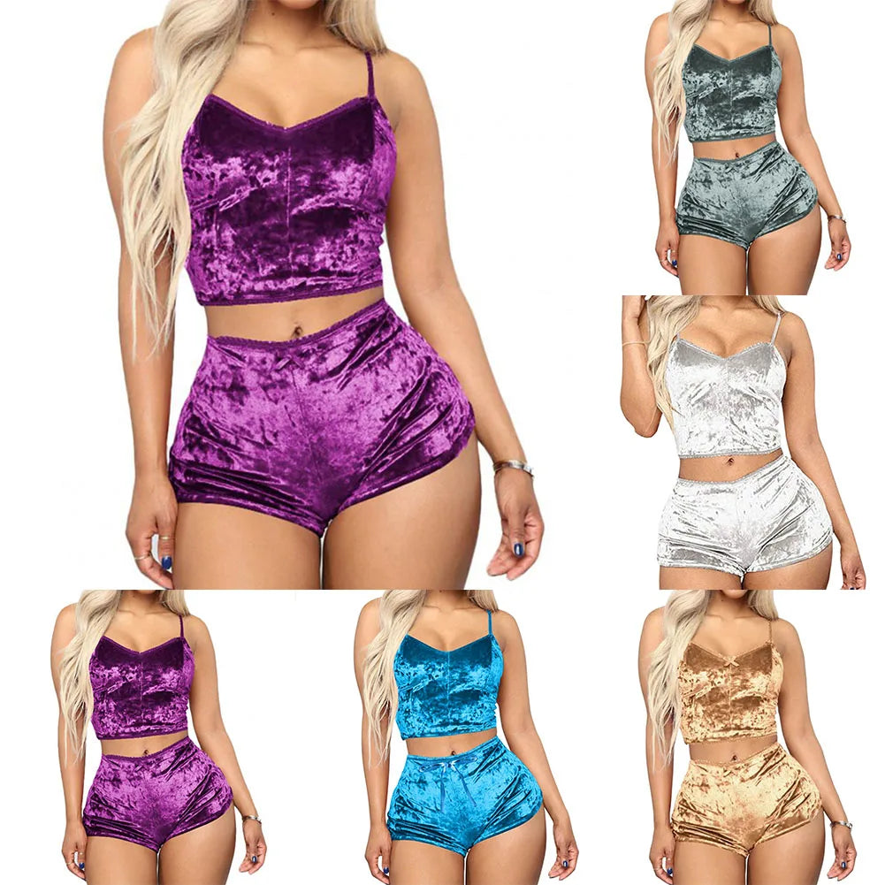 Women’s Velvet Cami & Shorts Pajama Set – 2-Piece V-Neck Sleepwear