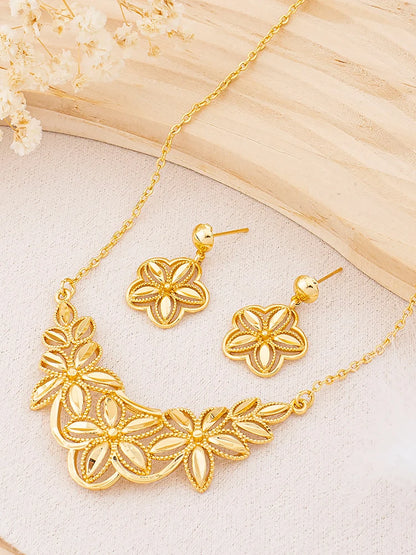 Gold-Plated Floral Necklace & Earrings Set for Women