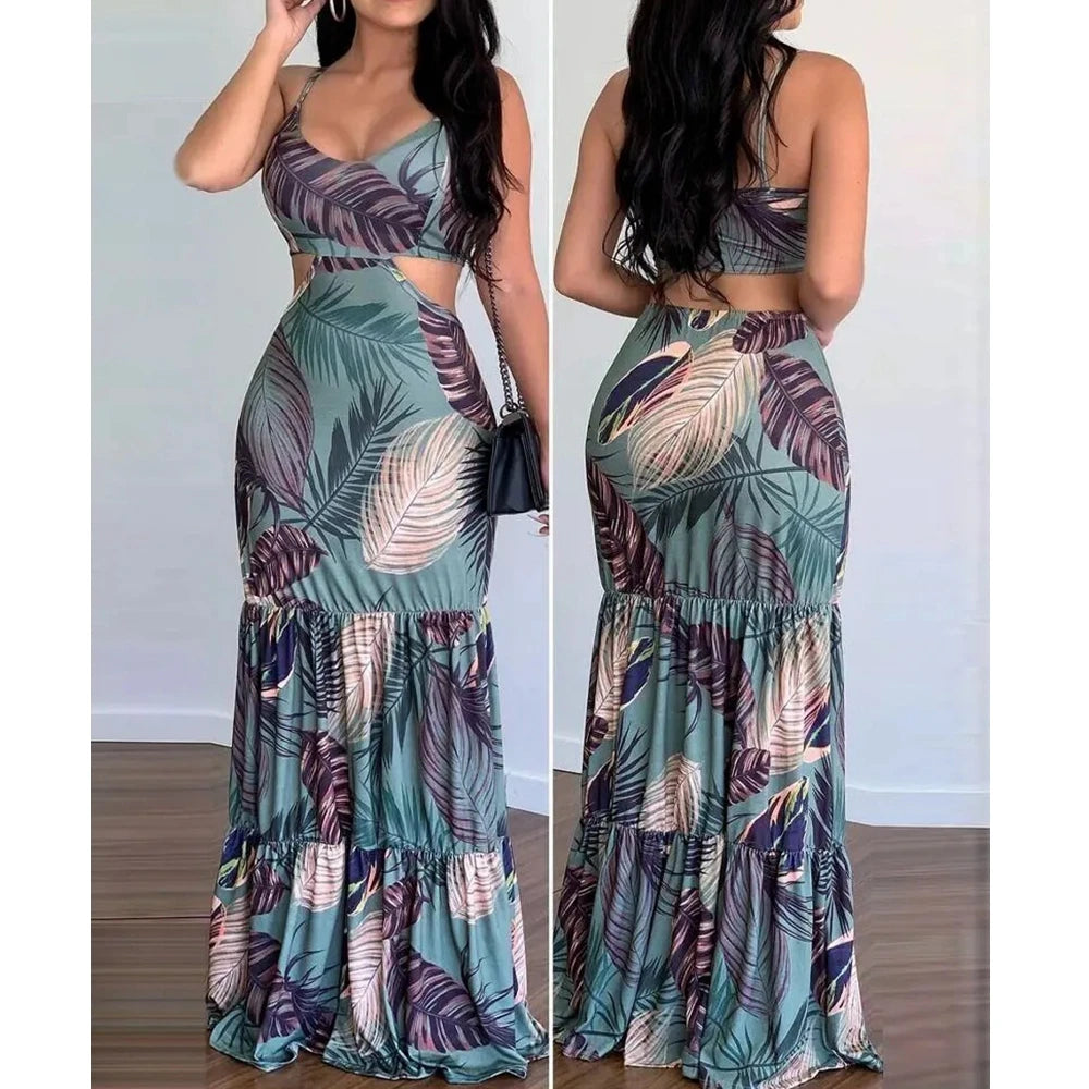Women’s Tropical Floral Cutout Maxi Dress – V-Neck Sleeveless Tiered Summer Dress