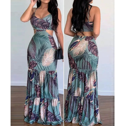 Women’s Tropical Floral Cutout Maxi Dress – V-Neck Sleeveless Tiered Summer Dress