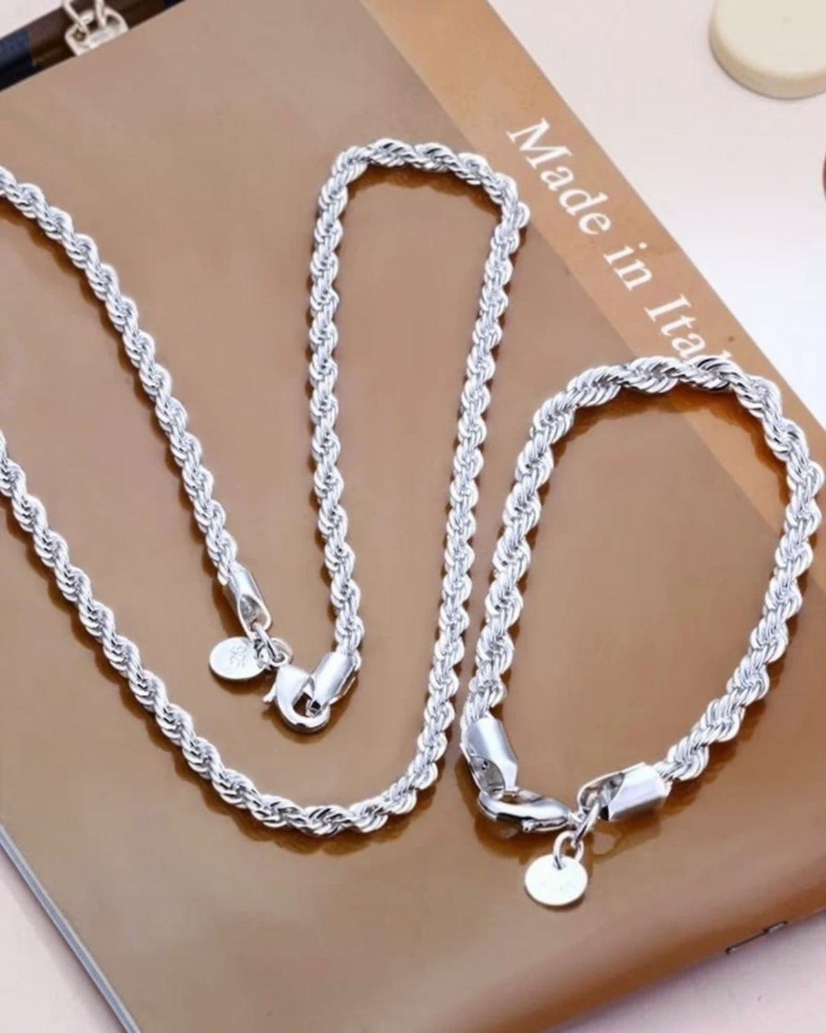 ZUPHAR 925 Silver Twisted Rope Necklace & Bracelet Set – Couples Jewelry