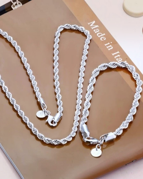 ZUPHAR 925 Silver Twisted Rope Necklace & Bracelet Set – Couples Jewelry
