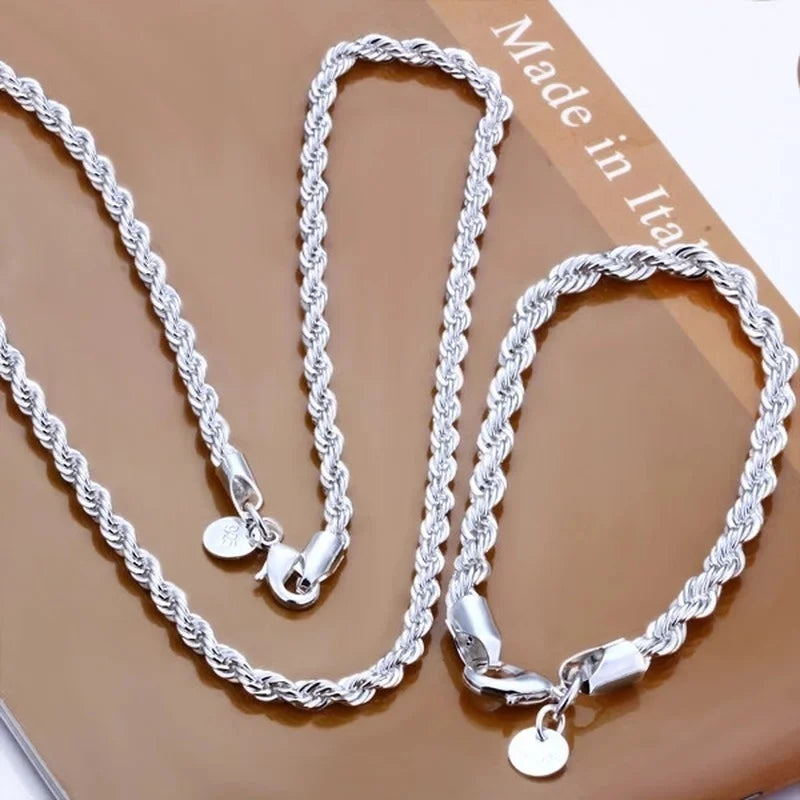 ZUPHAR 925 Silver Twisted Rope Necklace & Bracelet Set – Couples Jewelry