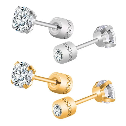 Crystal Zircon Stud Earrings - Stainless Steel Screw Back | Gold & Silver | 2mm-8mm
