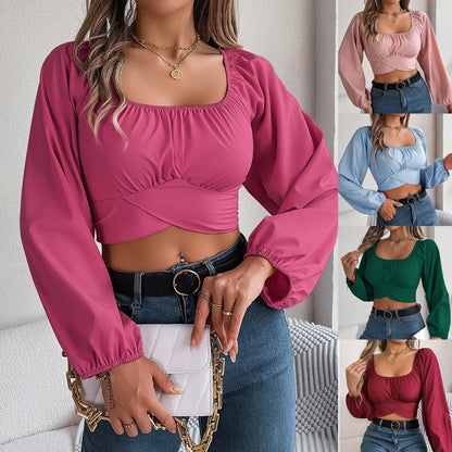 Women’s Square Neck Ruched Long Sleeve Chiffon Crop Top
