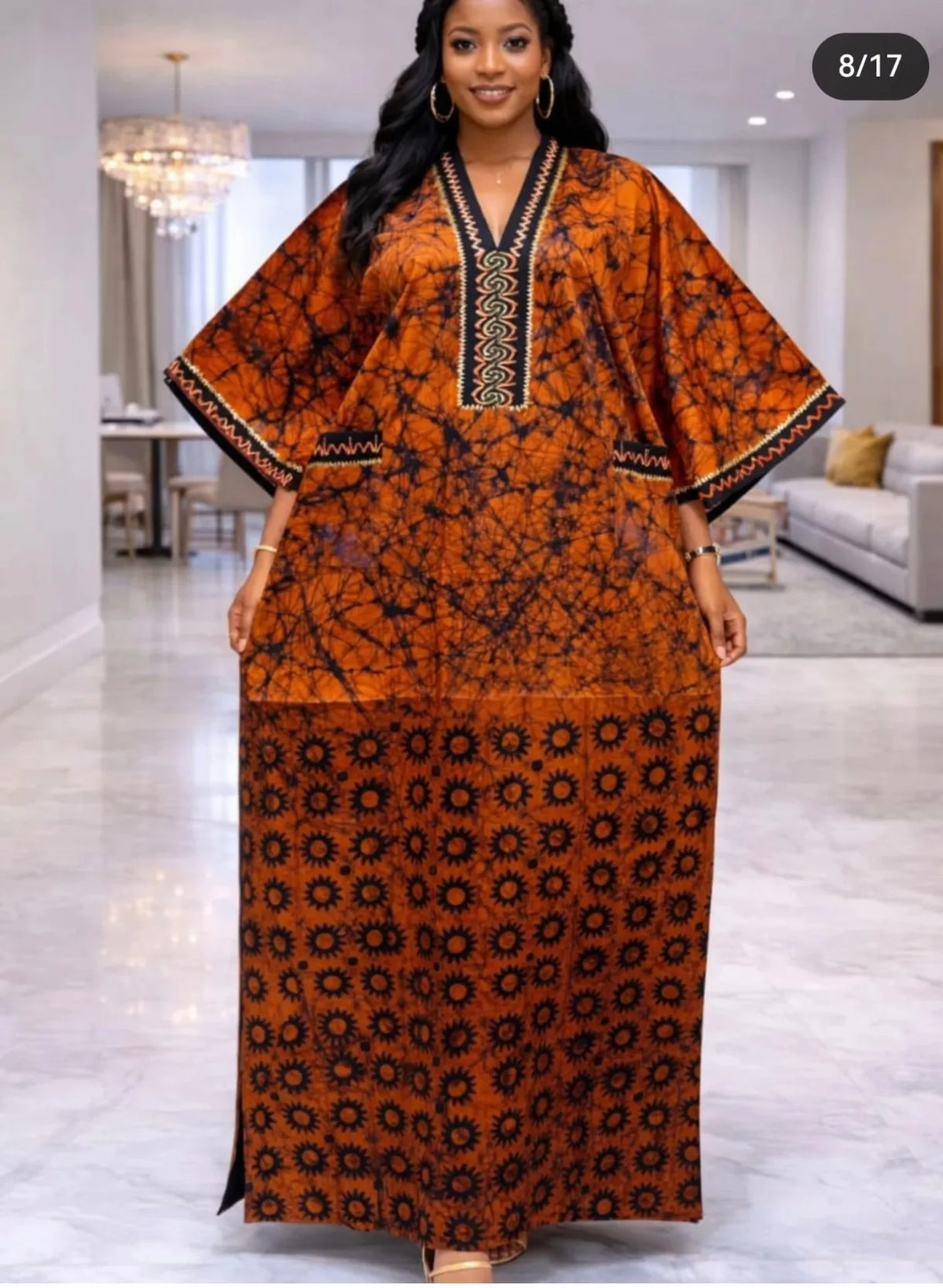 Women’s African Print Kaftan Maxi Dress – Loose V-Neck Gown