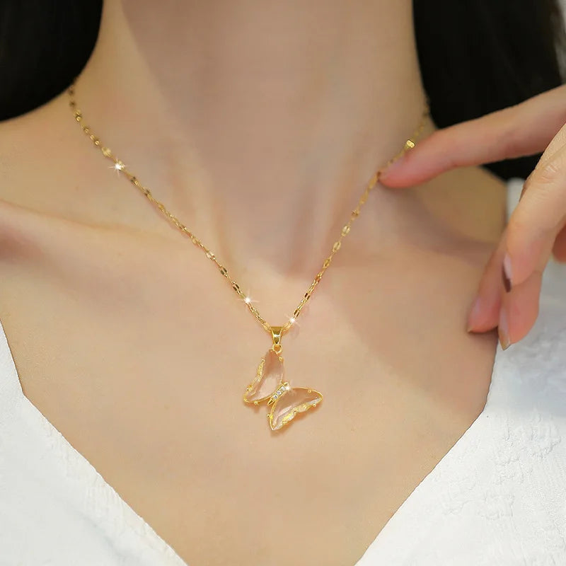 Red Rose Pendant Necklace – Stainless Steel Gold-Tone Floral Jewelry