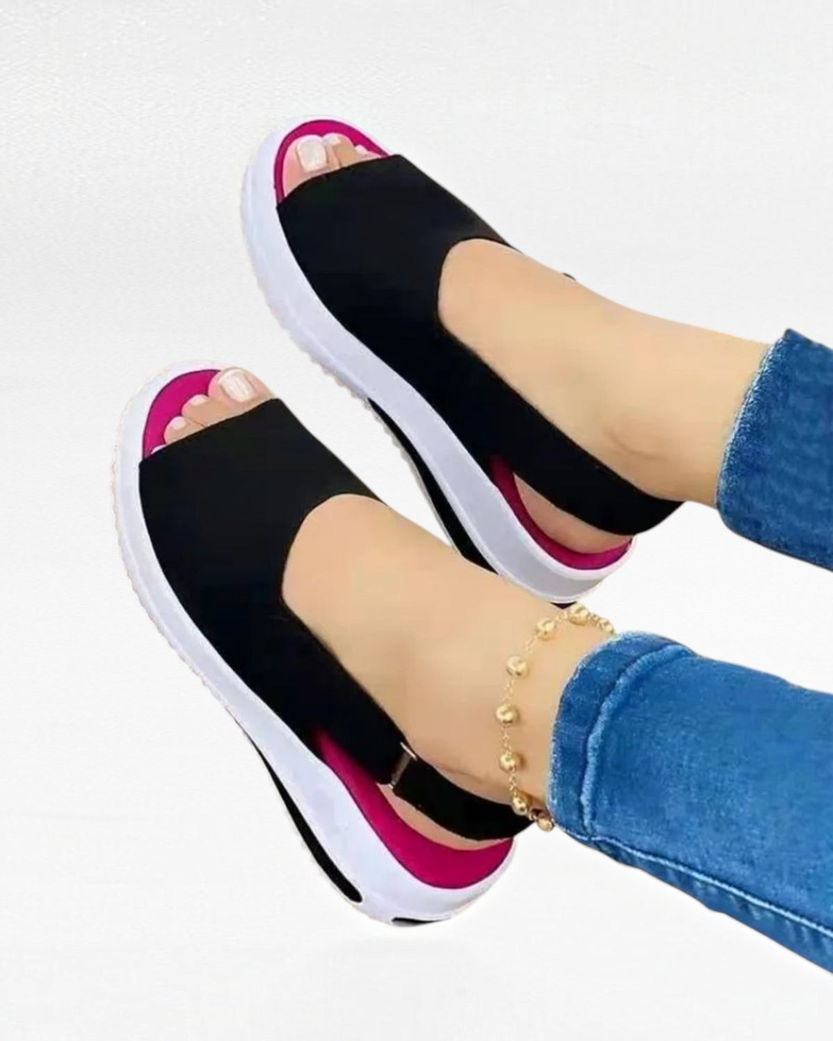 Women’s black open-toe platform wedge sandals with white rubber outsole

