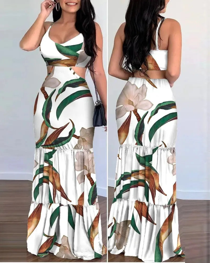 Women's Tropical Leaf Print Cutout Maxi Dress – V-Neck Spaghetti Strap Summer Dress