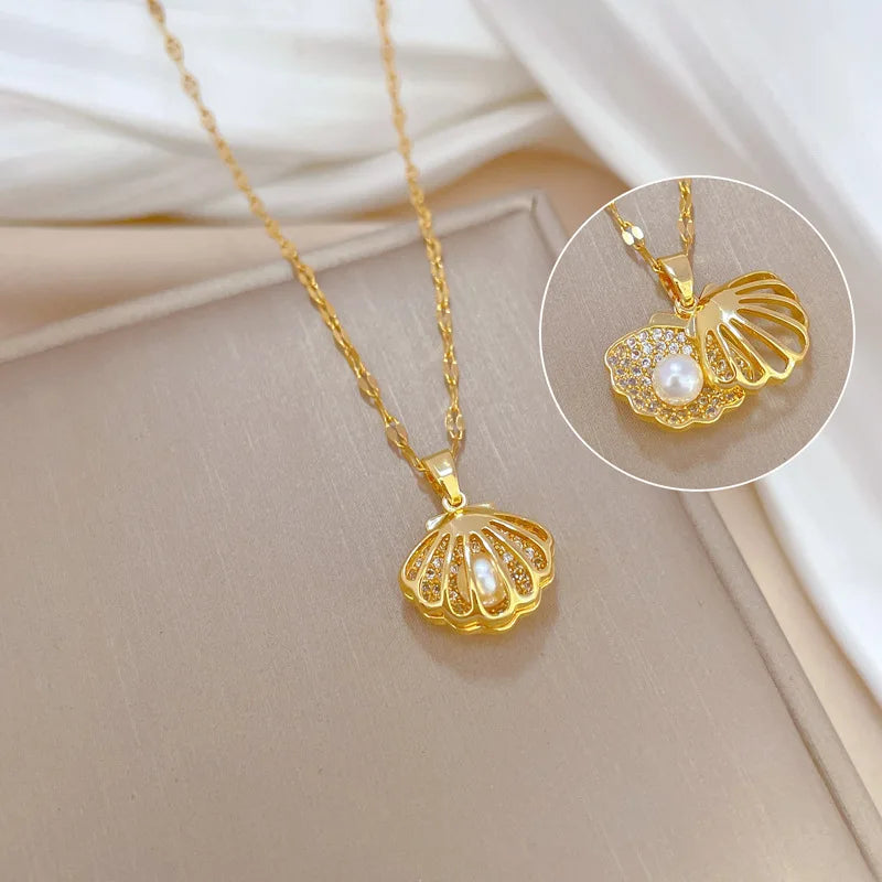 Red Rose Pendant Necklace – Stainless Steel Gold-Tone Floral Jewelry