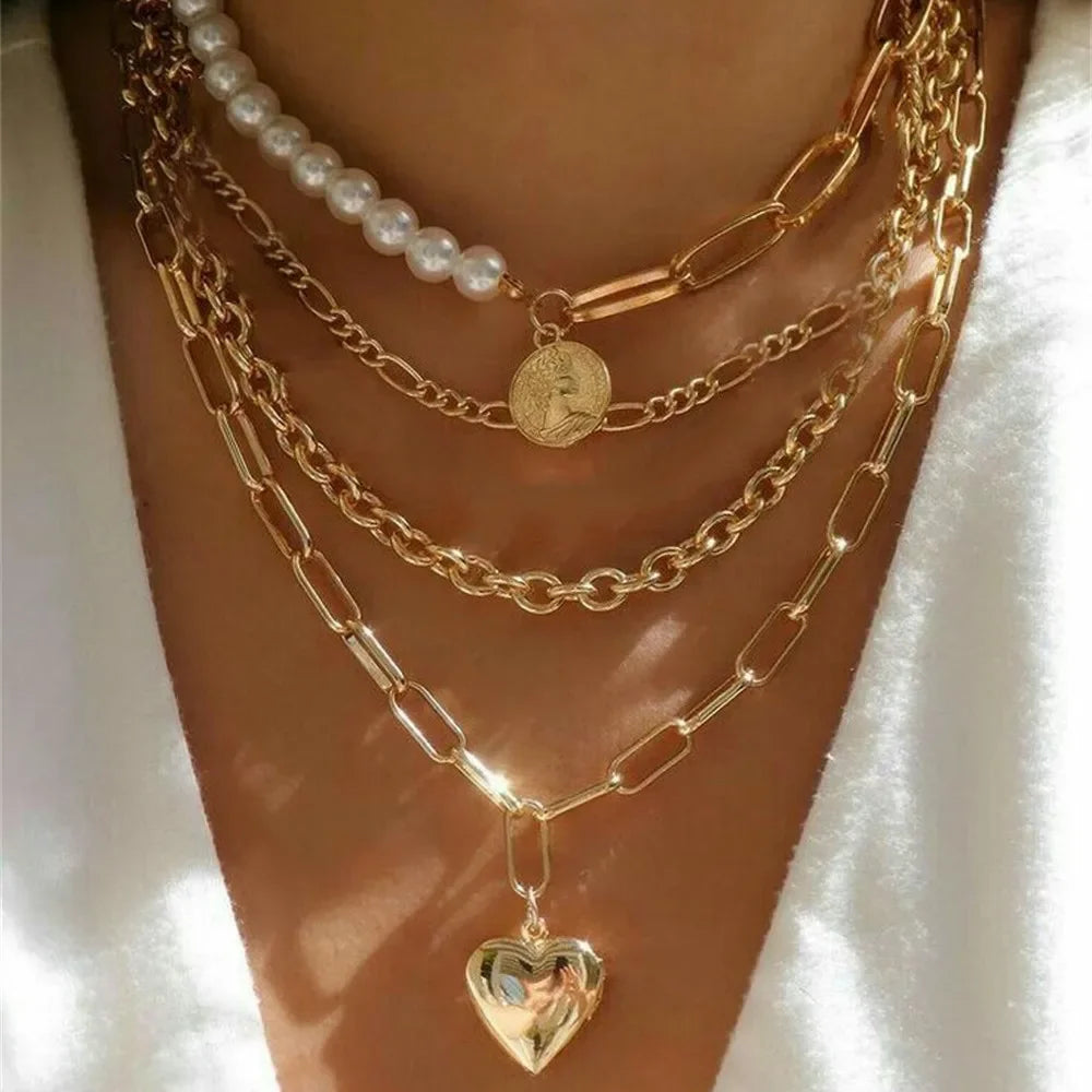 Women’s Layered Gold-Tone Heart & Coin Pendant Necklace